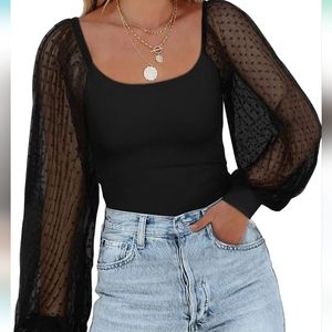 Women's Square Neck Long Sleeve Bodysuit Polka Dots Tops Sheer Basic Jumpsuit